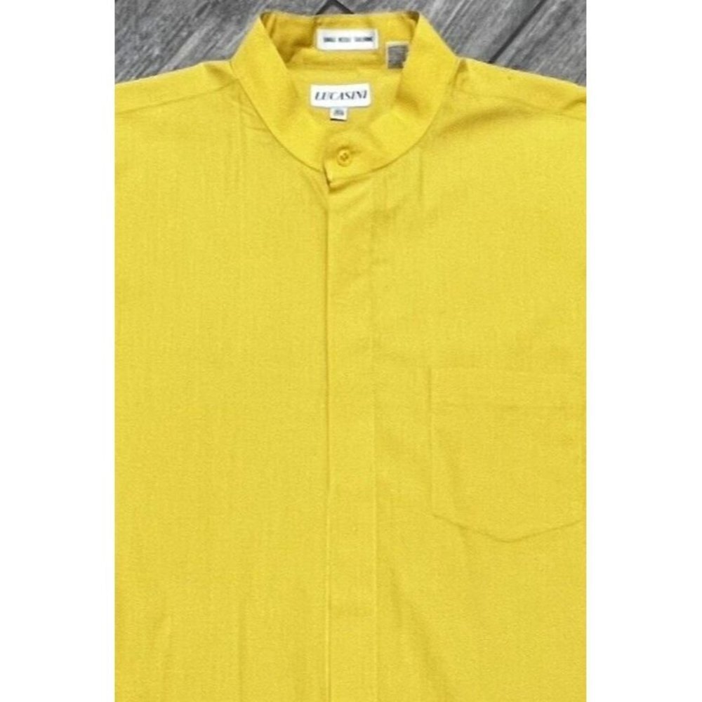 Lucasini Men's Shirt Size 16.5 34/35 Long Sleeve Banded Collar Pocket Mustard